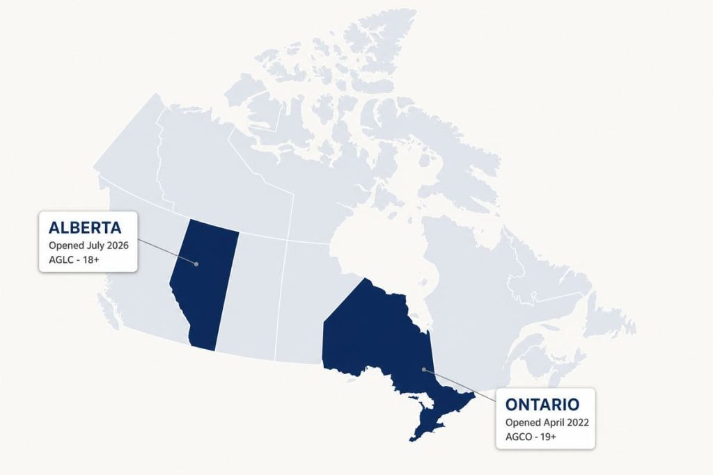 Map of Canada with Ontario and Alberta highlighted as the two regulated online gambling provinces