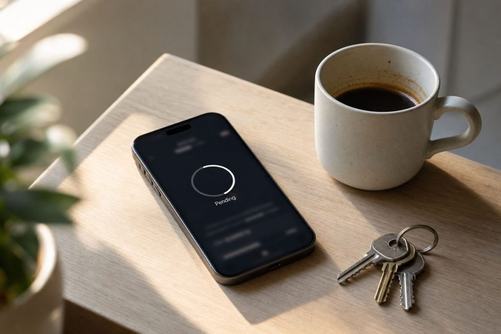 A phone on a kitchen table at dawn showing a casino withdrawal marked Pending.