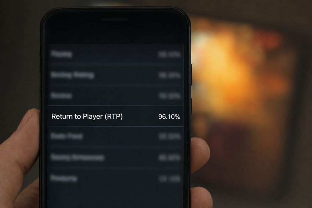 A phone showing a slot game’s information panel with the RTP percentage visible.