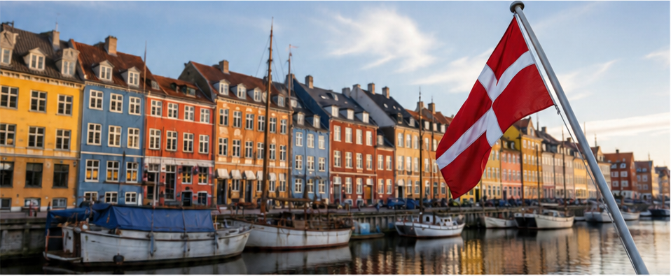 Colourful waterfront buildings and boats along a canal in Copenhagen, Denmark.