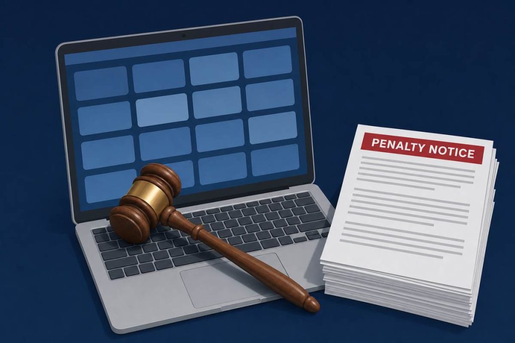 A gavel on a laptop beside a stack of printed regulatory penalty notices